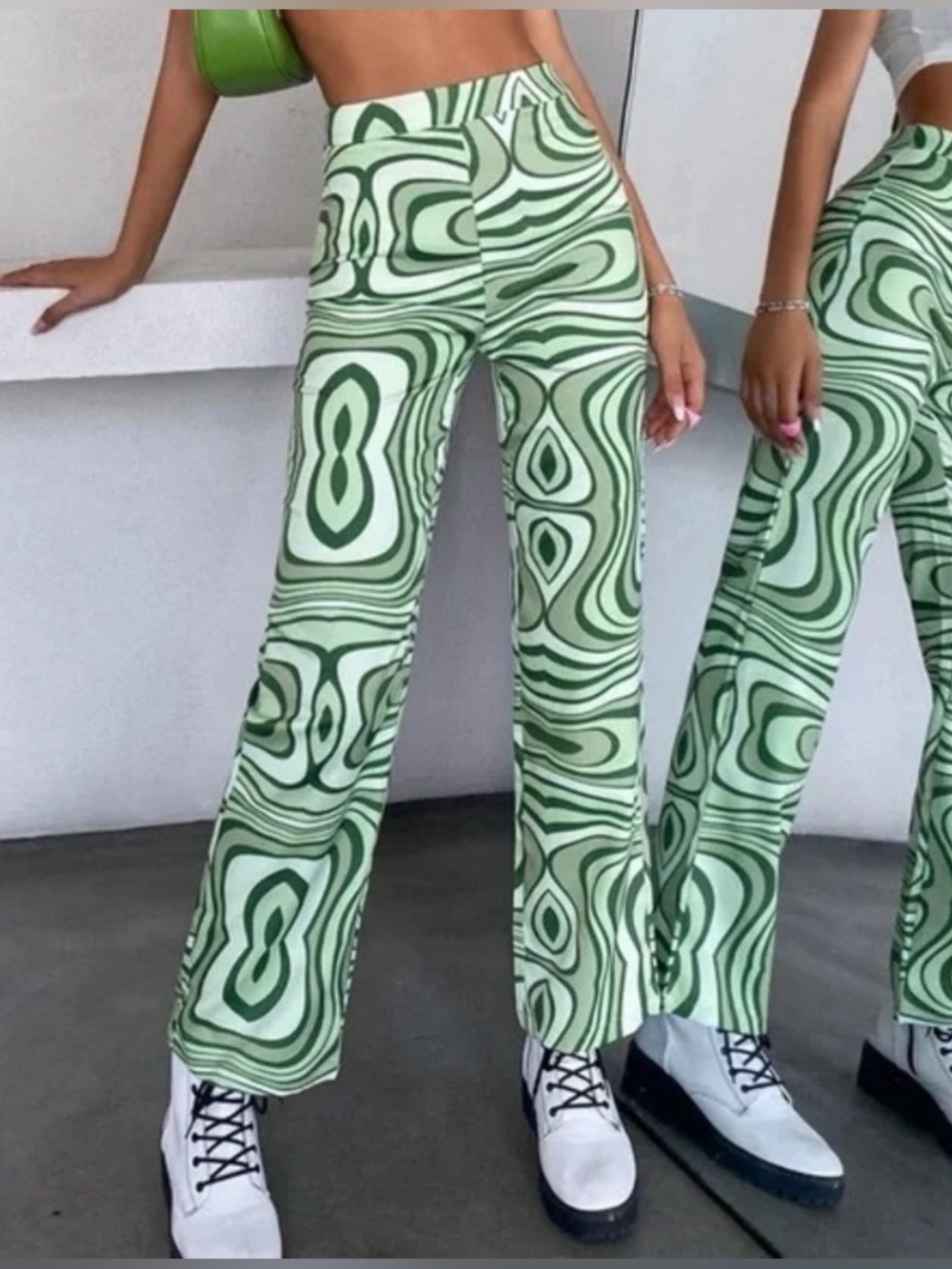 Green Retro Swirl High Waist Flare Pants - size L